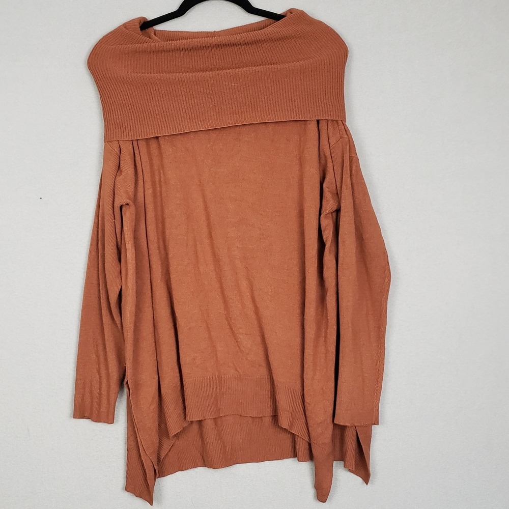 Foldover‎ Neck Pullover Knit Sweater Brown Asymmetrical Long Lagenlook Size 2X
